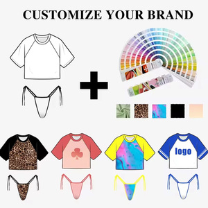 Conjunto de Bikini de 4 Piezas para Mujer, Color Sólido, Top Corto con Logotipo Estampado en la Parte Delantera, Secado Rápido, Spandex Elástico, Braguita Tipo Tanga, Sujetador Triangular - Product Image 5