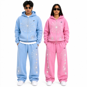 Unisex 2PC <b>Tracksuit</b> Set Full Zip Hoodie Jogger Pants Spiderweb Rhinestone Graphic <b>Matching</b> <b>Couple</b> Streetwear Custom Logo OEM - Product Image 2