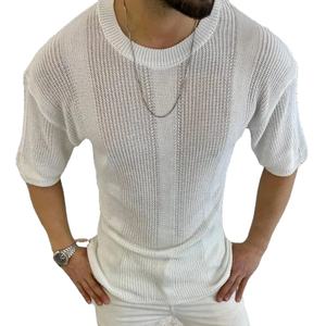 T-shirt en jersey tricoté à col rond et manches courtes pour homme, couleur unie, polyester/coton, respirant, pour un usage quotidien décontracté au printemps - Product Image 4