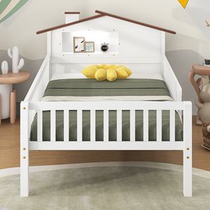 Letto a piattaforma in legno bianco per bambini, misura twin, con testiera a LED a forma di casetta e contenitore integrato - Product Image 2