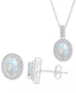 2-Pc. Set Opale cultivée en laboratoire (1-1/6 ct. T. W.) & Saphir blanc cultivé en laboratoire (1 ct. T. W.) Collier pendentif halo ovale et clou d'oreille assorti - Product Image 1