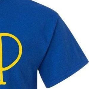 T-shirt décontracté en coton bleu roi avec motif lettres grecques et imprimés jaunes, manches courtes, col rond, vêtement personnalisé unisexe pour l'été - Product Image 2