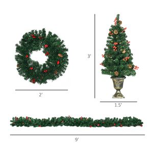 Set Natalizio Preilluminato 4 Pezzi con Luci LED Bianco Caldo, 2 Alberi Decorati con Bacche Rosse, Ghirlanda di Pino e Corona - Product Image 3