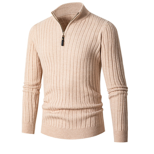 Pull en tricot côtelé gris pour homme avec fermeture à 1/4 de zip, manches longues, couleur unie, vêtement d'automne - Product Image 2