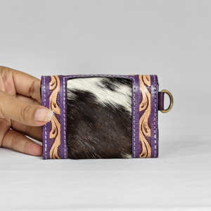 Cartera Corta Unisex de Cuero Genuino Walla, Anti-Robo, con Diseño Floral Tallado, Elegante, Color Morado, Multiusos, Estilo Occidental - Product Image 2
