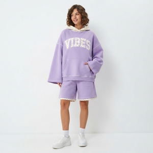 Ensemble 2 pièces en molleton de coton : sweat à capuche à manches longues et short, motif lettres imprimé, coupe décontractée, longueur au-dessus du genou, avec cordon de serrage - Product Image 3