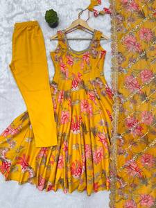 ชุดเดรส Anarkali ลายดอกไม้ผ้ามัสลินสำหรับผู้หญิง TENNECY พร้อมผ้าคลุมไหล่ ชุดปักลาย ยืดหยุ่นได้ กลับด้านได้ ไม่ยับ - Product Image 6