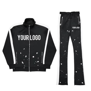 Custom Paint <b>Black</b> Flared Men Tracksuit Streetwear Women Stacked <b>Pants</b> 2 Piece Sets Sweatsuit Set With Pockets - Product Image 1