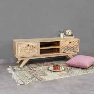 Meuble TV en bois de manguier sculpté à la main, console multimédia moderne, unité de divertissement pour ferme et hôtel, bois massif, pour téléviseurs de 35 à 39 pouces - Product Image 2