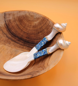 Cuchara artesanal con incrustaciones de concha azul y nácar, herramienta grande para servir ensalada, vajilla natural ecológica. - Product Image 3