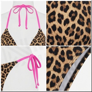 Ensemble bikini 2 pièces imprimé léopard pour femme, haut dos nu et bas à nouer sur les côtés, bordure rose, maillot de bain extensible - Product Image 4