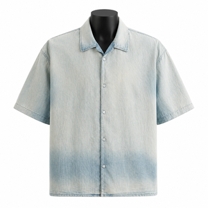 Camisa de Mezclilla de Manga Corta para Hombre, Lavado Claro, Talla Grande, 100% Algodón Orgánico, Secado Rápido, Ecológica, OEM, ODM, Marca Privada - Product Image 1