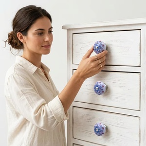 Pomo de Porcelana Tradicional para Muebles, Diseño Floral Redondo, Azul y Rosa, para Cocina, Armario, Muebles, Duradero - Product Image 2