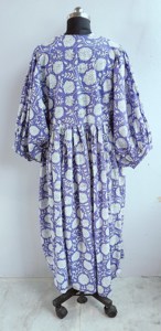 Bohemian Purple <b>White</b> Floral Block Print Cotton Midi Dress With Puff Sleeve Loose Fit Tie Neck Summer Dress For Women - Product Image 5
