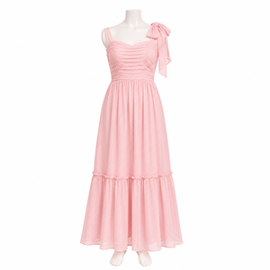 Robe longue élégante rose avec bretelles à nœud papillon pour femmes |   Robe longue d'été sans manches froncée coupe trapèze pour soirée, mariage ou invitée - Product Image 1