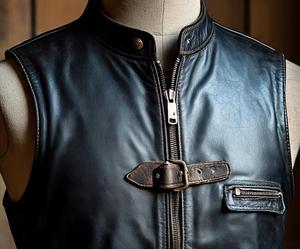 Chaleco de moto de cuero negro genuino con cremallera y cierre de cinturón, cuello mandarín, prenda exterior - Product Image 2