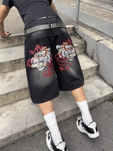 Men's Street Style Embroidered Tiger <b>Denim</b> Shorts Mid Waist Button Fly Canvas <b>Material</b> Anti-Wrinkle Breathable Windproof - Product Image 6