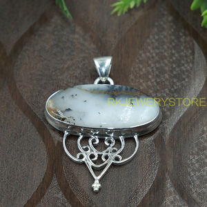 Pendentif ovale en opale dendritique naturelle, argent sterling 925, fait main, bijoux vintage en filigrane, opale dendritique blanche, pendentif statement - Product Image 3