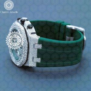 Charm_Jewells Montre de luxe pour homme en acier inoxydable, bracelet en silicone vert, 42 mm, analogique, quartz, cristal saphir, boîtier en diamant - Product Image 2
