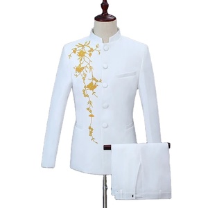 Chinoiserie tarzı erkekler standı yaka nakış takım 2 parça siyah/beyaz/kırmızı moda erkek sahne parti Blazer ve pantolon gerçekleştirmek - Product Image 4
