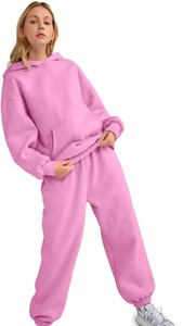 <b>Women</b> Pink Hooded Sweatshirt And <b>Joggers</b> Set Casual Loose Fit Full Length <b>Fleece</b> 2 Piece Tracksuit Solid Color All Seasons - Product Image 4
