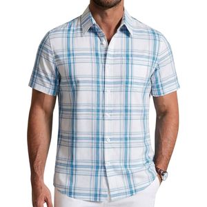 Chemise à carreaux boutonnée 100 % coton teint en fil respirante col rabattu manches courtes chemises à carreaux personnalisées - Product Image 1