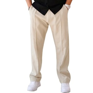 Men's Beige Pleated Casual <b>Trousers</b> <b>Elastic</b> <b>Waist</b> Cotton Oxford Fabric Spring Wear Breathable Midweight Straight Fit Pants - Product Image 1