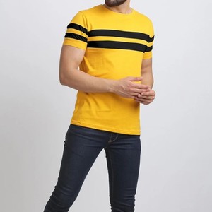 Hot Sale <b>Men's</b> Yellow <b>Slim</b> <b>Fit</b> Short Sleeve O-Neck T-<b>Shirt</b> With <b>Black</b> Striped Contrast Trim Casual Knitted Wear - Product Image 5