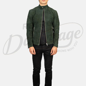 Premium Dark Green <b>Suede</b> Leather <b>Jacket</b> Men Quilted Shoulder Slim Fit Biker <b>Jacket</b> Casual Stand Collar Outerwear Coat - Product Image 3