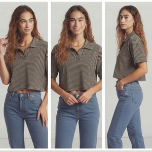 Polo rayé pour femme, coupe ample, manches courtes, en coton, style crop et coupe carrée - Product Image 6