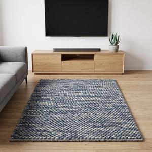 Tapis artisanal tissé à la main antidérapant à poils moyens bouclés, motif galets épais, bleu crème, en laine texturée, pour la décoration intérieure moderne - Product Image 3