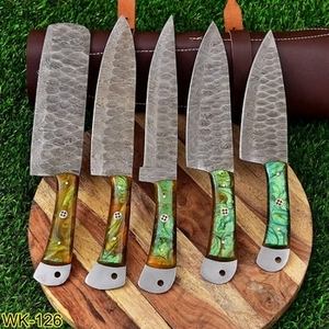 Ensemble de couteaux de chef en acier carbone faits main de haute qualité, 5 pièces, vente en gros, manche en bois Pakka, étui en cuir, durable et multifonctionnel - Product Image 4