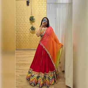 ATTRACTIVE GEORGETTE <b>SILK</b> DIGITAL PRINT EMBROIDERY WORK LEHENGA CHOLI WITH DUPATTA <b>RED</b> - Product Image 1