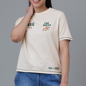 Trendy Women's Cream Embroidered Crew Neck <b>T</b>-<b>Shirt</b> Loose Fit Short Sleeve Casual Jersey Cotton Top Spring Summer - Product Image 1