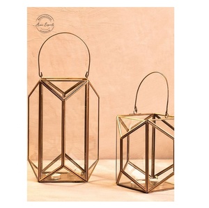 High Quality Custom Geometric Rectangle <b>Brass</b> and Glass <b>Lantern</b> with Gold Finish for Wedding and Christmas Party Decorations - Product Image 1