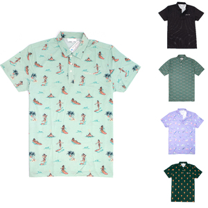 Men's Cotton Oxford Short Sleeve Polo Shirt With Surf Pattern Casual Breathable Design Regular Fit Printed Front Logo - Product Image 1