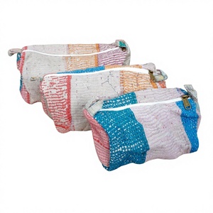 Indian Kantha Hand Block Print Cotton Cosmetic Bag Set with Tassel Zipper Closure Vintage Style-Women's Travel <b>Makeup</b> Pouch bag - Product Image 1