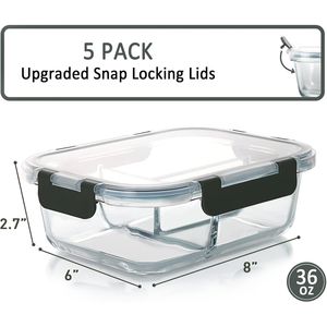 Lot de 5 contenants en verre pour la préparation des repas de 36 oz, avec couvercles à 3 compartiments, compatibles micro-ondes, boîte à lunch, boîte bento pour le stockage des aliments - Product Image 2