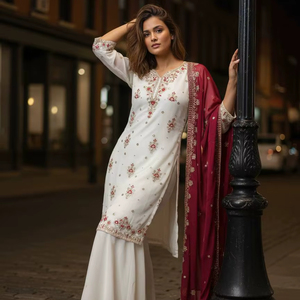 ชุดคุर्ติปาลาซโซ่ดีไซน์เนอร์สตาร์จอร์เจตต์พร้อมผ้าคลุมไหล่สำหรับผู้หญิง – ชุดปักเลื่อมและลายปักดิ้นทองสำหรับงานปาร์ตี้ (ไซส์ M-XXL) - Product Image 1