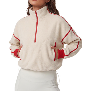 2026 New Arrival <b>Women's</b> <b>Cream</b> <b>Fleece</b> Half-Zip Oversized Sweatshirt Stand Collar Drop-Shoulder Full Sleeve Winter Wear Cropped - Product Image 6