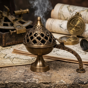 Brûleur d'encens en laiton fait main avec couvercle en treillis et poignée pour usage religieux, fournisseur indien - Product Image 5