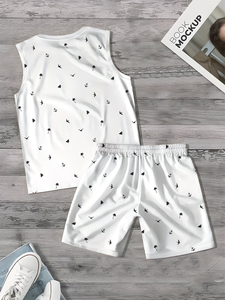 Two Men's Summer Casual Sports Outfits Featuring Sleeveless Crew Neck Vests Drawstring Shorts Pockets 100% Cotton Knitted Quick - Product Image 5