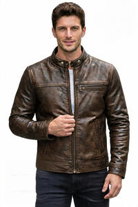 Veste Cafe Racer en cuir d'agneau véritable pour homme – Finition artisanale marron antique - Product Image 3