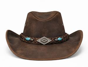 Sombrero Vaquero de Cuero Marrón Desgastado de Primera Calidad para Hombre y Mujer, Hecho a Mano, Estilo Western Outback con Banda Trenzada y Cuentas Turquesas - Product Image 6