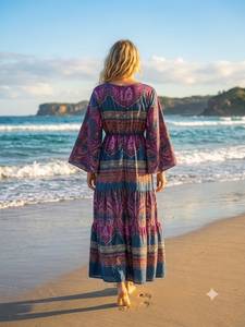 Robe longue bohème col en V manches lanternes imprimé cachemire coupe ample taille élastique en viscose tissée pour l'été et la plage - Product Image 3