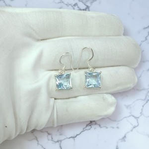 925 Sterling <b>Silver</b> Blue Topaz Faceted 925 Sterling <b>Silver</b> Emerald-Cut <b>Earrings</b> Baguette Shape Cut Drop <b>Dangle</b> <b>Earrings</b> - Product Image 3