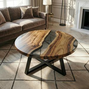 Table basse ronde en bois et résine moderne rustique, résine époxy noire transparente - Product Image 3