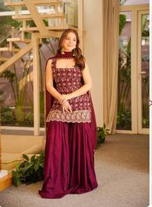Salwar Kameez en soie brodée marron, longueur ras du sol, tenue de mariage traditionnelle avec dupatta pour femmes, style Inde Pakistan - Product Image 1