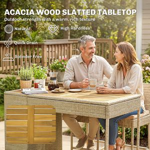 Set da Esterno in Legno di Acacia con Tavolo Alto e Sedie, 5 Pezzi in Vimini con 3 Ripiani e Cuscini Marroni - Product Image 5