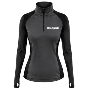 Haut de sport athlétique pour femme à col zippé, gris et noir, à manches longues, ajusté, pour l'entraînement, avec trou pour le pouce, haute performance - Product Image 1